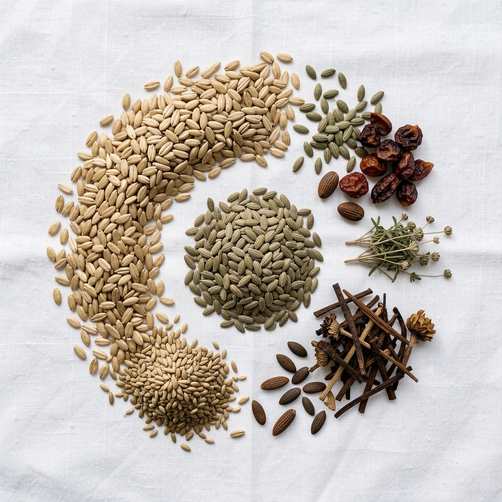 Flat-lay of supplement ingredients including whole grains, seeds, and dried botanicals arranged on a clean white linen background with natural daylight