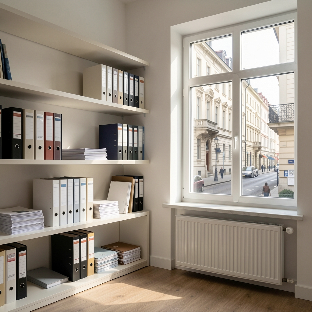 Interior of a minimal office workspace with clean shelving, stacked reference binders, and a large window overlooking a Vienna street in daylight