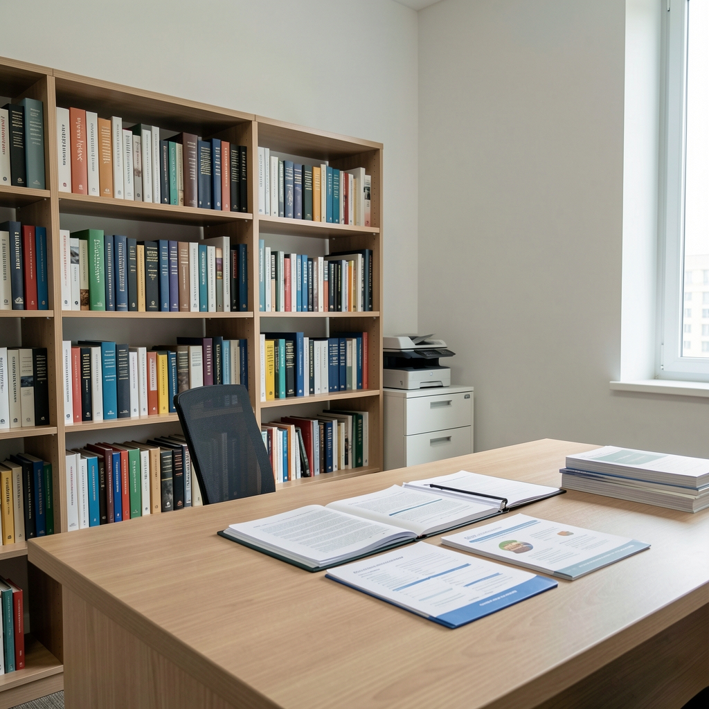 Wide shot of a minimalist nutrition research office with a bookshelf of reference volumes, natural light, and a desk with opened ingredient documentation folders