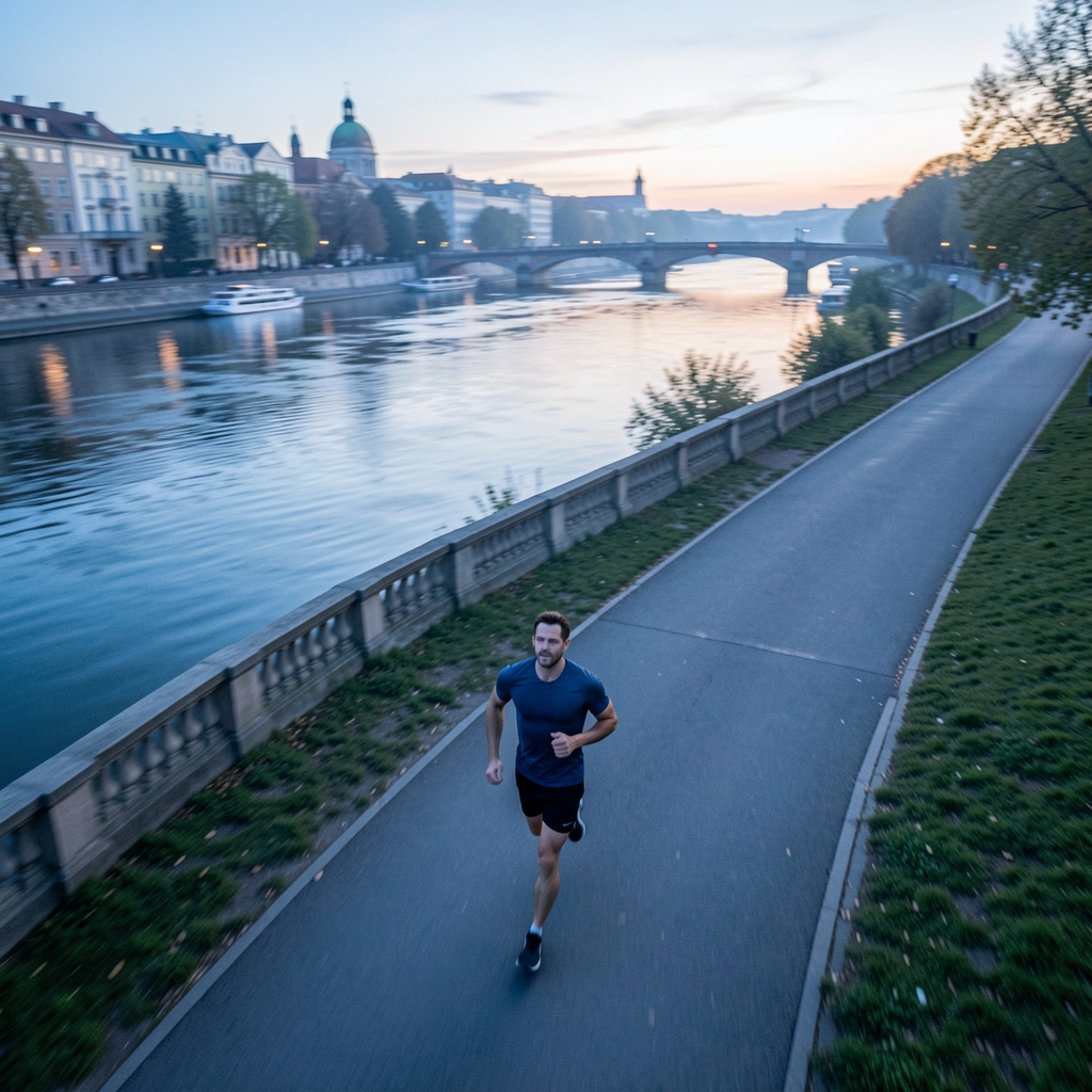 Aerial view of an active man running at dawn along a riverside path in Vienna, motion blur on the background, cool blue morning light