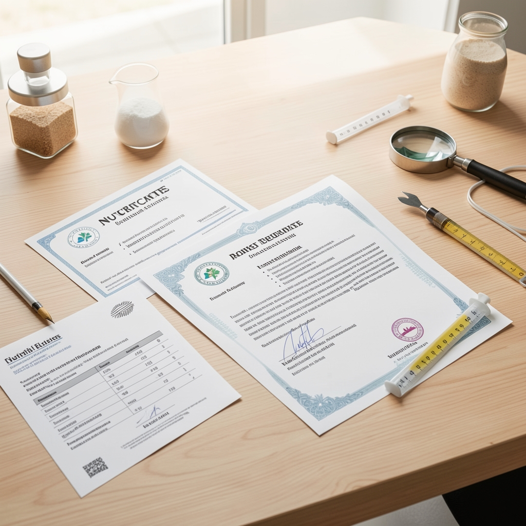 Nutritional documentation and ingredient certificates spread across a clean wooden desk with a loupe and measuring instruments under bright overhead lighting