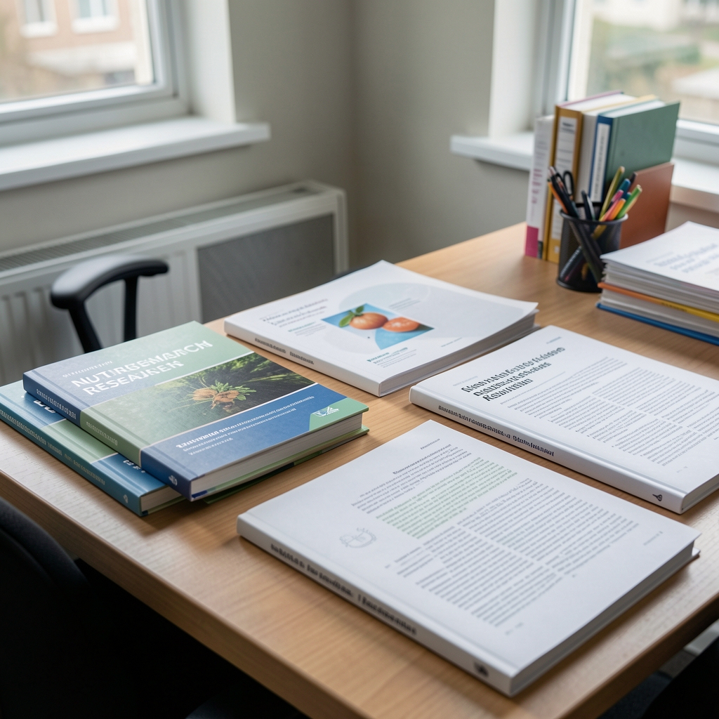 Nutritional research journals and printed literature reviews arranged on a desk in a documentation workspace