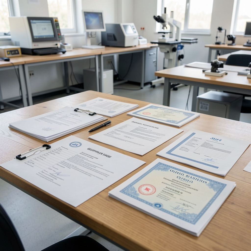 Supplier documentation files and origin certificates spread across a wooden table in a quality-control environment