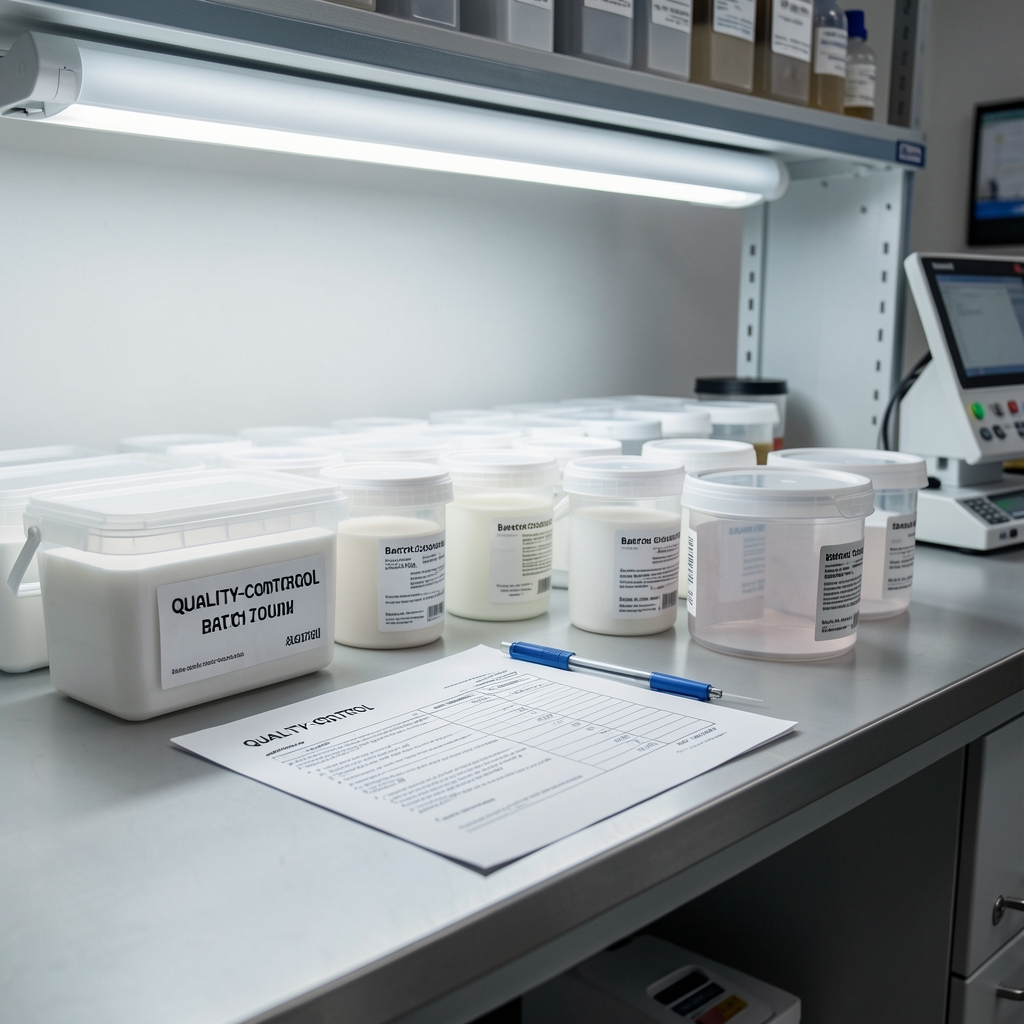 Quality-control bench with batch-coded containers and verification documentation under controlled workspace lighting