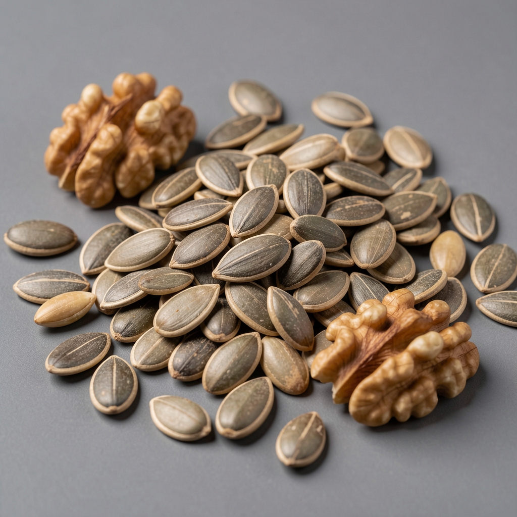 Close-up of whole pumpkin seeds, walnuts, and sunflower kernels arranged on a matte grey surface under controlled studio lighting