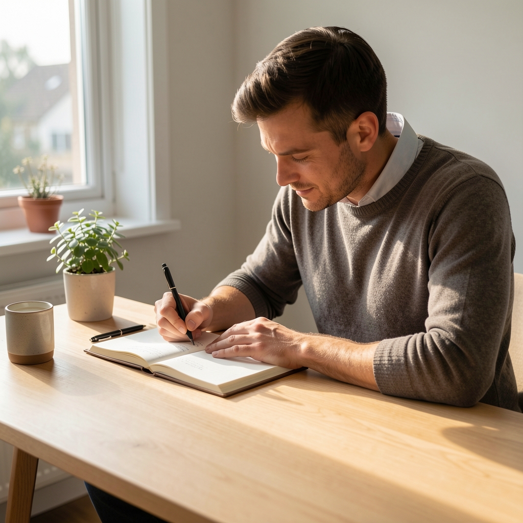 Man writing in a daily journal at a minimal wooden desk with morning light, representing focus and daily routine