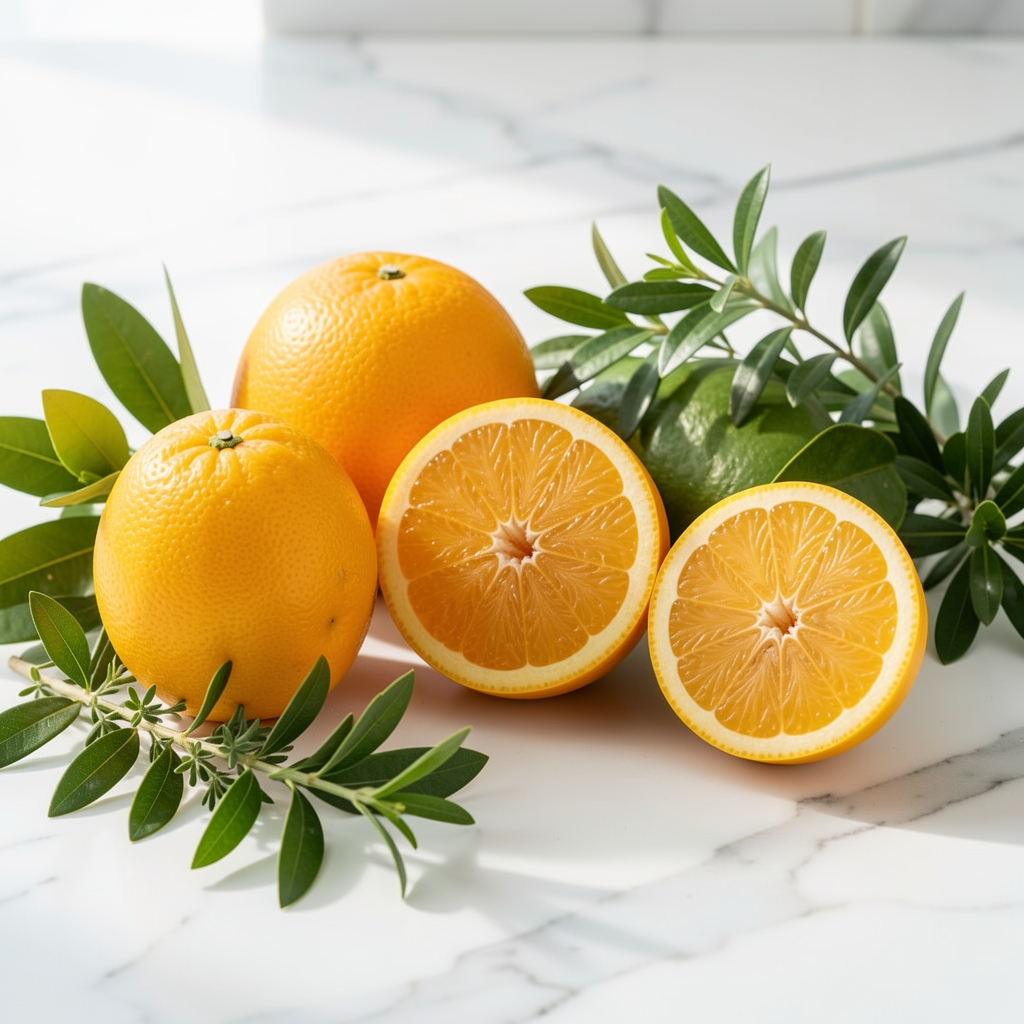 Fresh citrus fruits and green botanicals arranged on a white marble surface under bright natural light