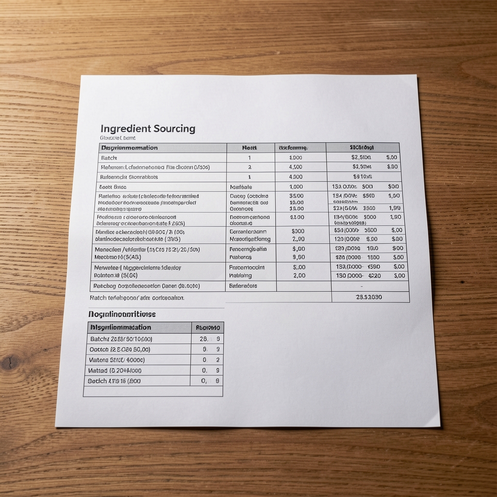 Ingredient sourcing documentation laid flat on a wooden table with batch reference codes visible under studio lighting