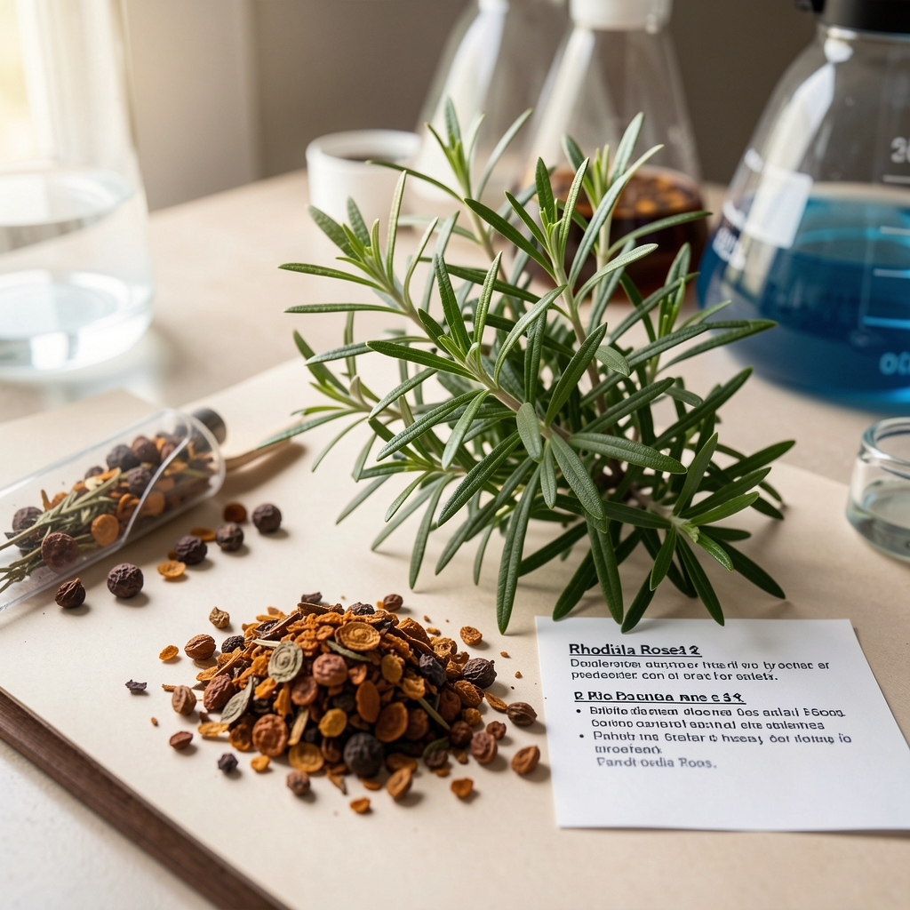 Rhodiola rosea plant and dried extract displayed on a botanical research surface with labelling notes