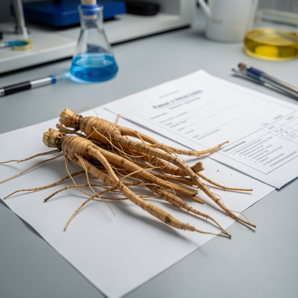 Panax ginseng root pieces on a research bench surface with botanical label documentation under studio lighting